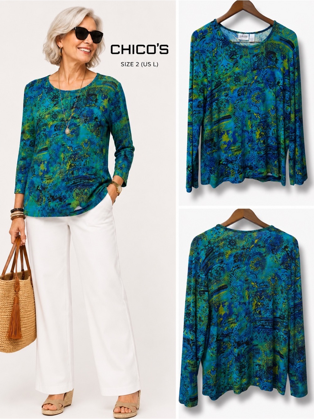 Chico's | EUC USA VTG Y2K Blue Green Abstract Printed Long Sleeve Top (2/US L)